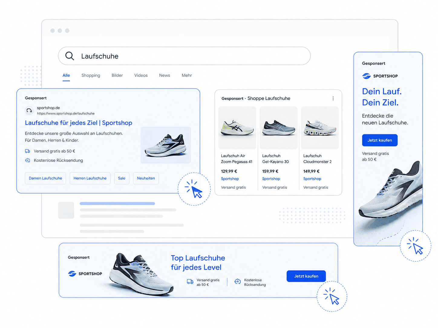 Przykłady formatów reklam Google Ads — Search, Shopping, Display