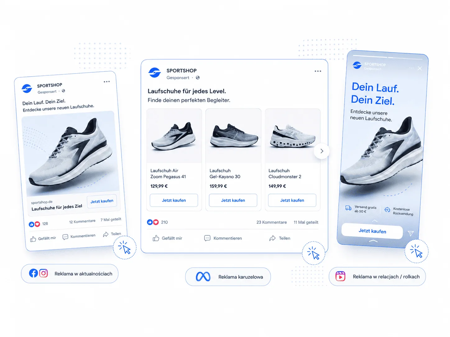Formaty reklamowe Meta Ads — reklama w aktualnościach, karuzelowa oraz w relacjach i rolkach na Facebooku i Instagramie