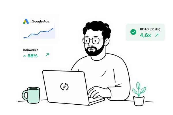 Konsultant Google Ads analizuje wyniki kampanii reklamowej w Niemczech – wzrost konwersji o 68% i ROAS 4,6x